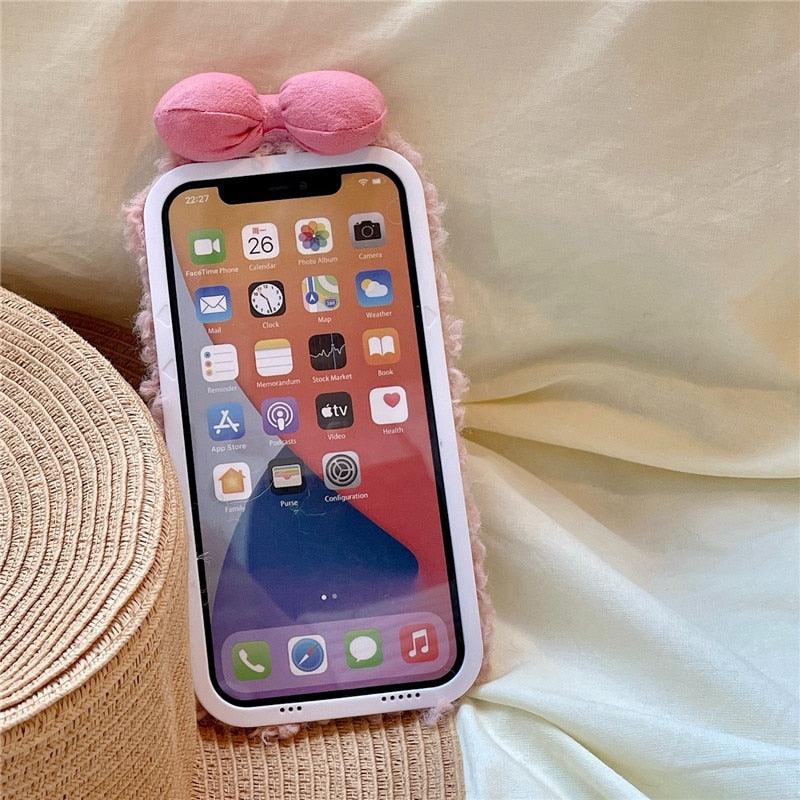 Étui Housse Douce et Chaude Pour Iphone 13 12 11 Pro Xs Max X Xr Coques Dessin Animé 3D Nœud Oreille Housse Douce et Chaude en Fourrure Pour Iphone 7plus 8plus 12pro Étui Téléphone