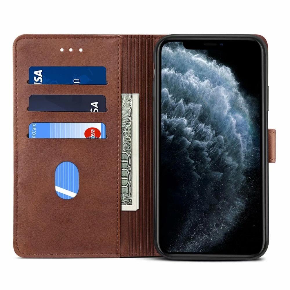 Étui à Rabat Magnétique en Cuir Rouge de Luxe pour iPhone 14 12 13 11 11 Pro Max XR XS Max X, Housse Portefeuille pour iPhone avec Emplacements pour Cartes, Béquille et Boucle Magnétique