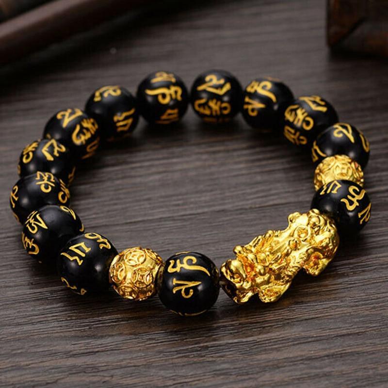 Bracelet de perles en obsidienne pour hommes et femmes, unisexe, Pixiu doré et noir, richesse et bonne chance