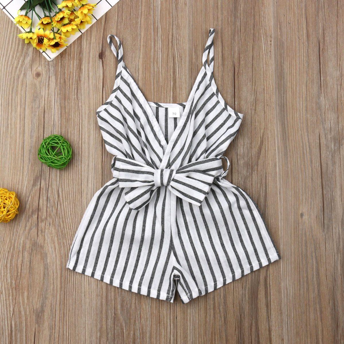 Barboteuse élégante moderne sans manches à rayures avec nœud et bretelles pour nouveau-né fille, tenue une pièce pour filles