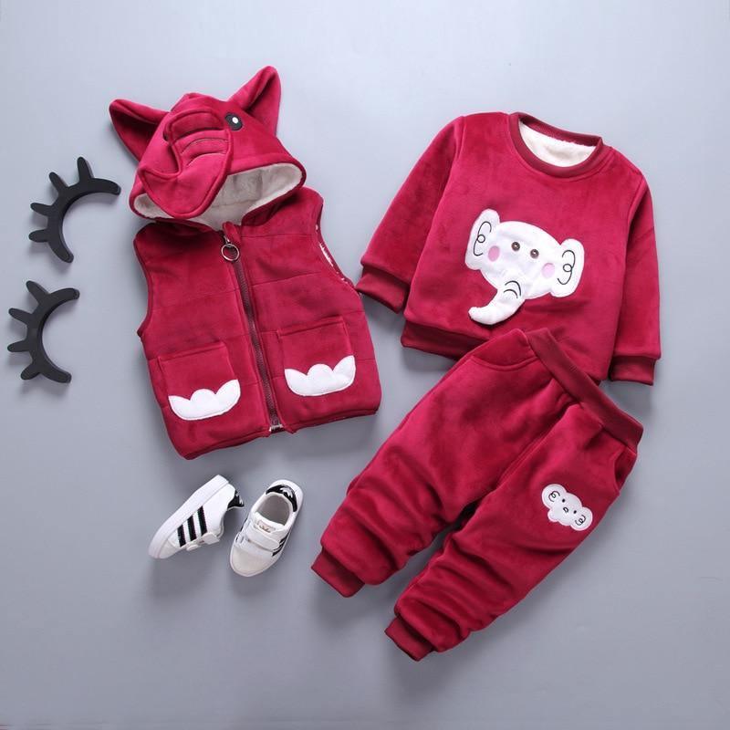 Vêtements pour bébé épais et chauds d'hiver, ensemble trois pièces avec pull à capuche imprimé ours et renard de dessin animé pour bébé fille, pull et pantalon
