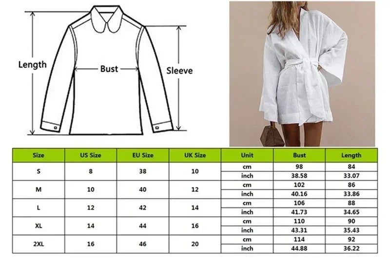 Cardigan Kimono Col V Femme, Robe Courte en Coton et Lin à Manches Longues, avec Ceinture, Style Robe de Chambre, Lacets, Été, Ample, Vestidos
