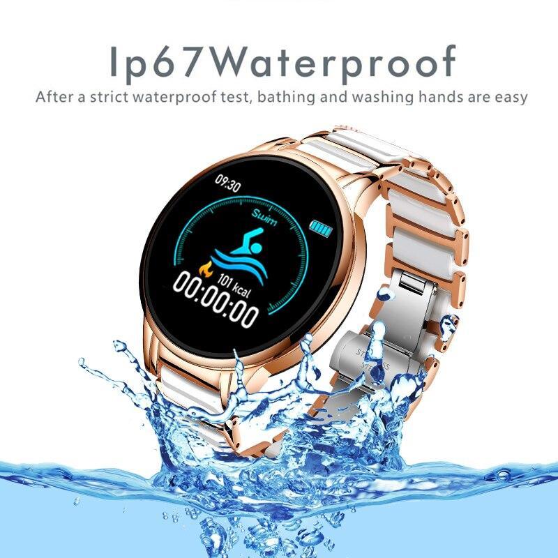 Nouvelle montre connectée de sport en céramique pour femme avec moniteur de fréquence cardiaque et de tension artérielle pour systèmes Android et iOS, bracelet en acier multifonctionnel