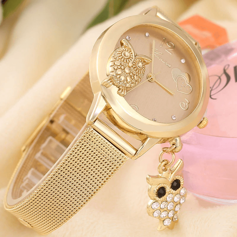 STEVVEX Gold Montre Bracelet Femme Quartz Or Rose Acier Inoxydable Maille Dames Montre-bracelet Horloge Hibou (Or) Pour Femmes et Filles