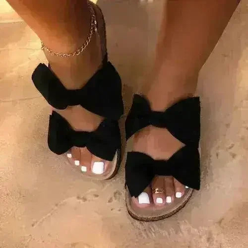 Sandales plates femme 2 brides confortables à nœud noires