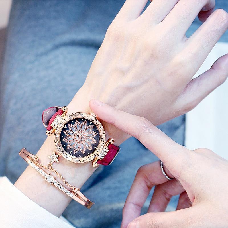 Ensemble de Montre Élégante et Populaire pour Femmes, Montre-Bracelet de Luxe Étoilée avec Bracelet en Cuir Décontracté à Quartz, Idéale pour Femmes et Filles