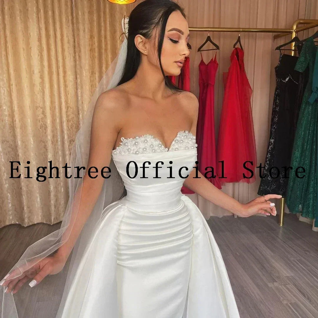 Eightree Robes de mariée sexy blanches en dentelle, bustier en cœur, avec traîne détachable, robe de mariée sirène en satin, robes de soirée de mariée personnalisées