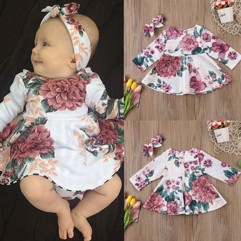 Bébé Fille Nouveau-né Robe Florale Enfants avec Robe Manches Longues + Bandeau Tenues Ensemble Vêtements Robe Moderne pour Filles