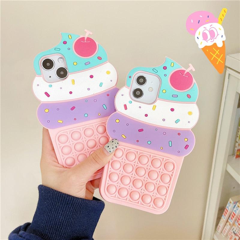 Coque de téléphone en silicone 3D en forme de glace à la cerise pour iPhone 13 12 11 Pro Max Xs Xr 7 8 Plus X Se avec jeu de bulles pour doigts, coque souple antichoc en silicone 3D en forme de cupcake de dessin animé à protection intégrale