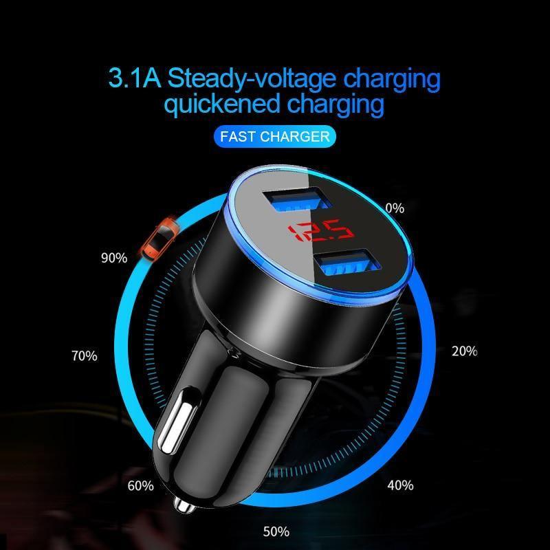 Chargeur de voiture universel pour téléphone portable en aluminium double USB 3.1A avec affichage LED