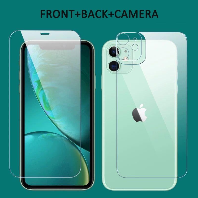 3-en-1 Lot de 2 films de protection d'écran en verre trempé pour iPhone 12 11 Pro Max Mini, Protection Avant + Arrière + Objectif pour iPhone 13 Pro Max - Film en verre trempé de qualité supérieure - Clarté HD - Anti-traces de doigts/rayures pour iPhone