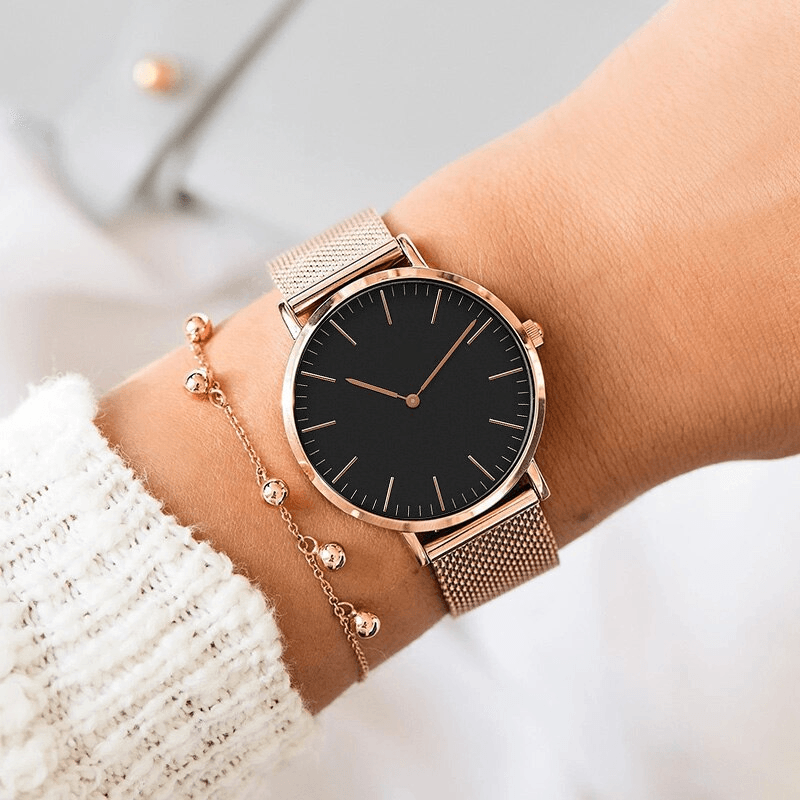 Montres unisexe mode ultra fines en acier inoxydable avec bracelet maille, montres à quartz classiques et décontractées pour femmes et hommes