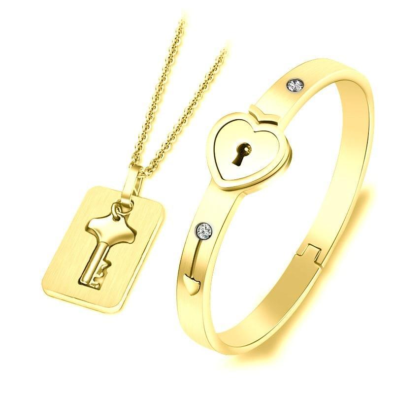 Bijoux de luxe en acier inoxydable et en acier titane avec serrure concentrique, bracelet et collier assortis pour couple, pour femme