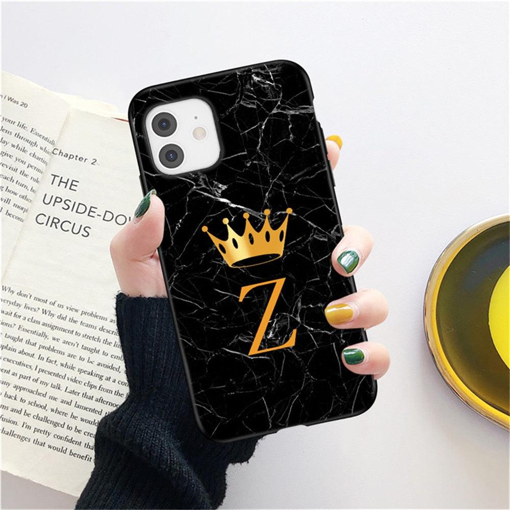 Étui de téléphone à la mode en silicone souple noir marbré de luxe avec lettre couronne pour iPhone 13 Pro Max 13 Mini Étui antichoc Mince et ajusté Housse arrière de téléphone portable noire