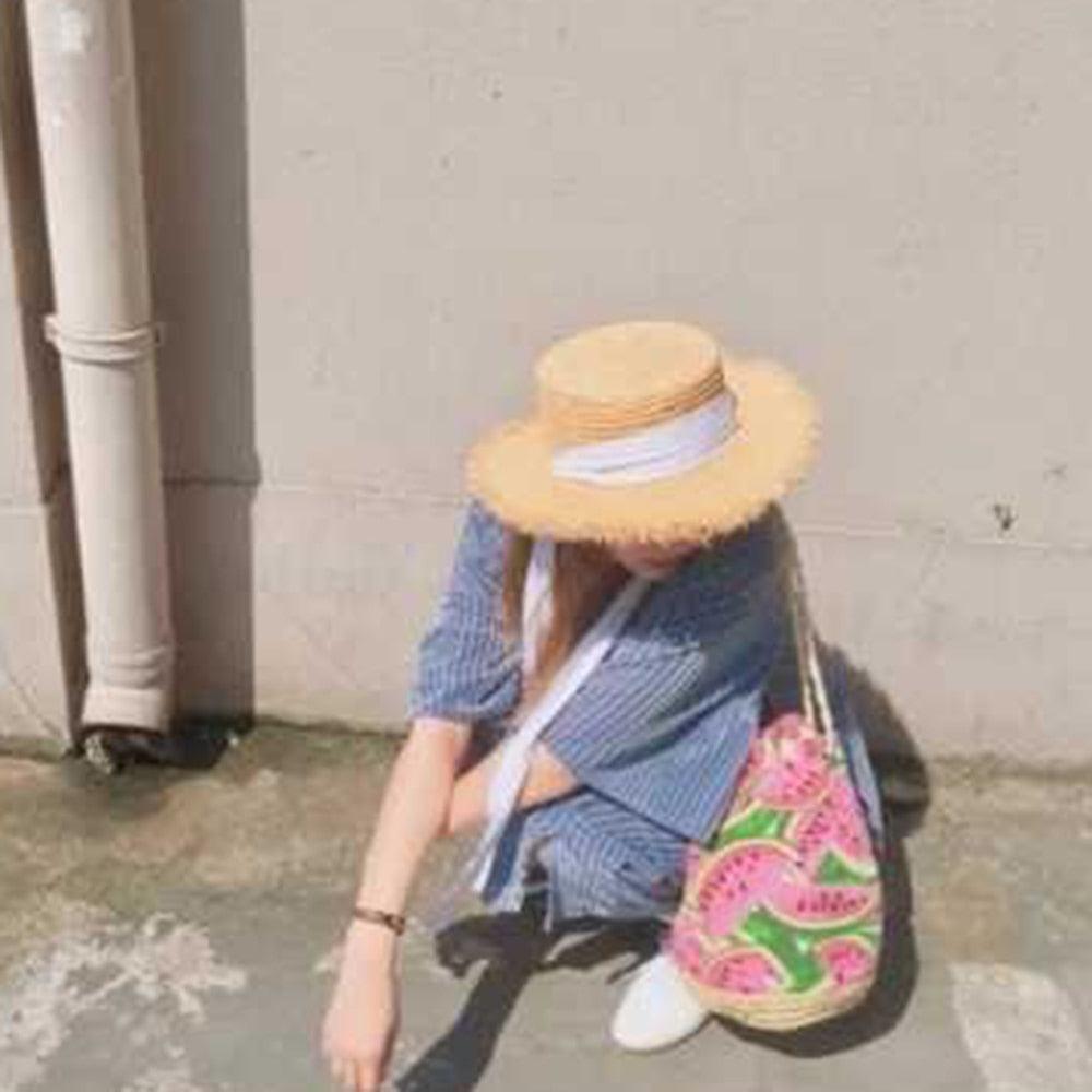 Chapeau de paille vintage pour femme, large, protection solaire, chapeau de plage avec nœud en ruban noir et blanc, design mignon, casquette de paille élégante pour femme, chapeau d'été, fedora de plage, chapeau plat décontracté pour femme