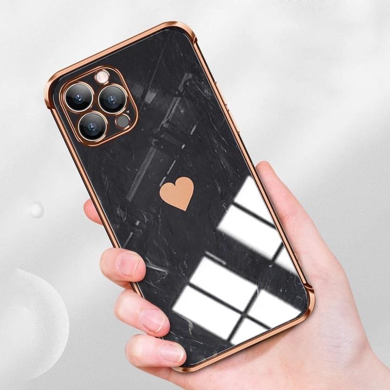 Étui Souple Antichoc de Luxe pour iPhone 13 12 11 Pro Max XS XR X R 8 7 Plus iPhone12 12Pro iPhone11 Housses Texture Marbre Étui de Téléphone de Luxe Motif Cœur Latéral Mignon Petit Étui Souple Antichoc de Protection Complète de l'Objectif pour iPhone
