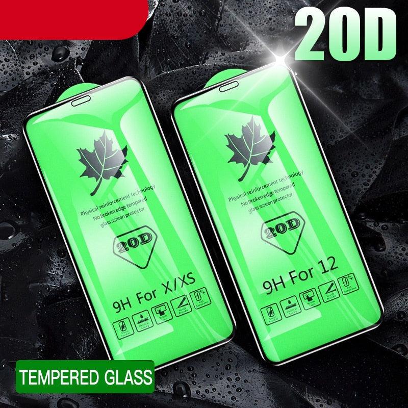 Verre trempé 20D pleine couverture pour iPhone 11 12 13 mini Pro X XR XS Max, protecteur d'écran pour iPhone 6 7 8 Plus SE, Film de protection HD transparent, installation facile, cadre, dureté 9H, sans bulles, anti-rayures et anti-traces de doigts