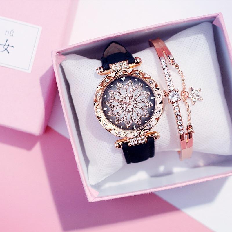 Ensemble de Montre Élégante et Populaire pour Femmes, Montre-Bracelet de Luxe Étoilée avec Bracelet en Cuir Décontracté à Quartz, Idéale pour Femmes et Filles