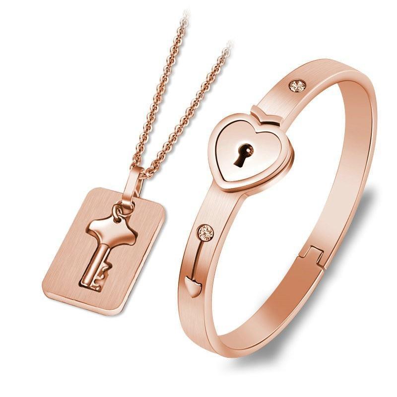 Bijoux de luxe en acier inoxydable et en acier titane avec serrure concentrique, bracelet et collier assortis pour couple, pour femme
