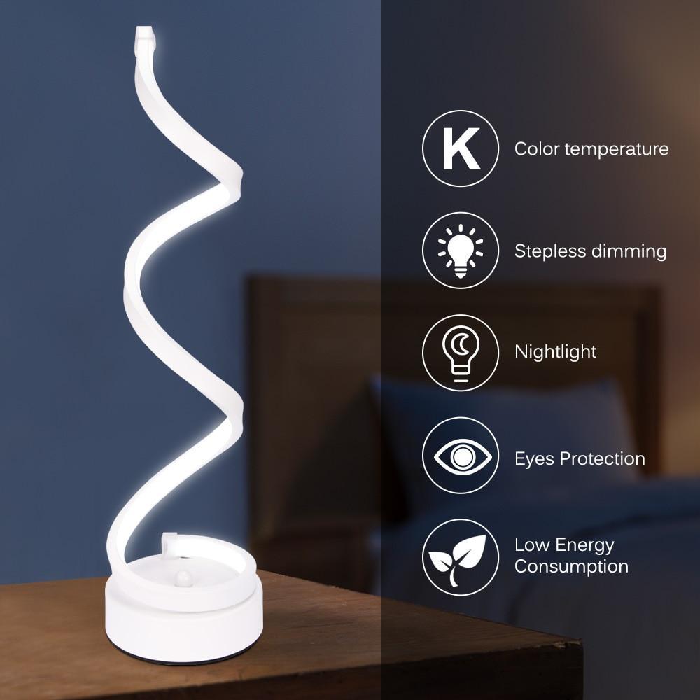 Lampe de table spirale LED Lampe de bureau incurvée moderne Lampe de chevet Lumière blanche chaude à intensité variable pour le salon et la chambre à coucher