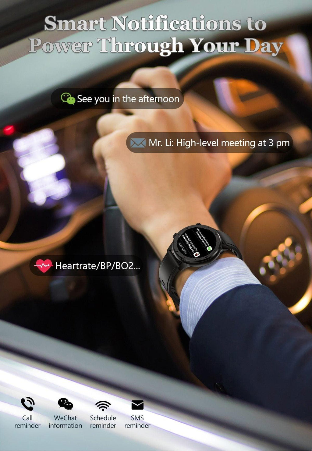 Montre connectée ronde moderne à écran tactile pour hommes, style business de luxe, avec protection étanche IP68 et moniteur de fréquence cardiaque et de tension artérielle, autonomie de 5 jours