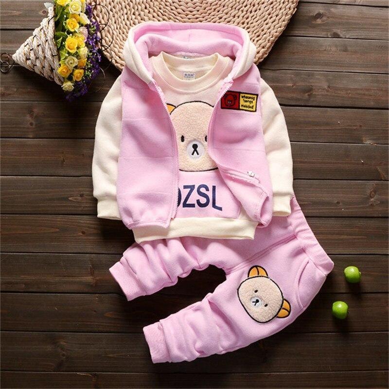 Vêtements pour bébé épais et chauds d'hiver, ensemble trois pièces avec pull à capuche imprimé ours et renard de dessin animé pour bébé fille, pull et pantalon