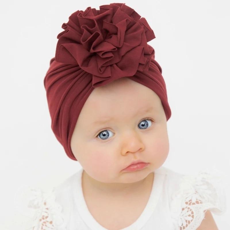 Turban pour bébé fille en coton tricoté, fait main avec fleur plissée, style élégant