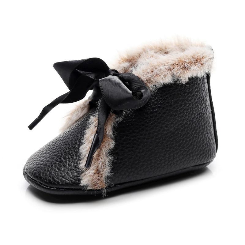 Bottes Bébé en PU Hiver Antidérapantes Chaudes Premiers Pas Semelle Souple Chaussons Bébé Nœud Papillon à Lacets