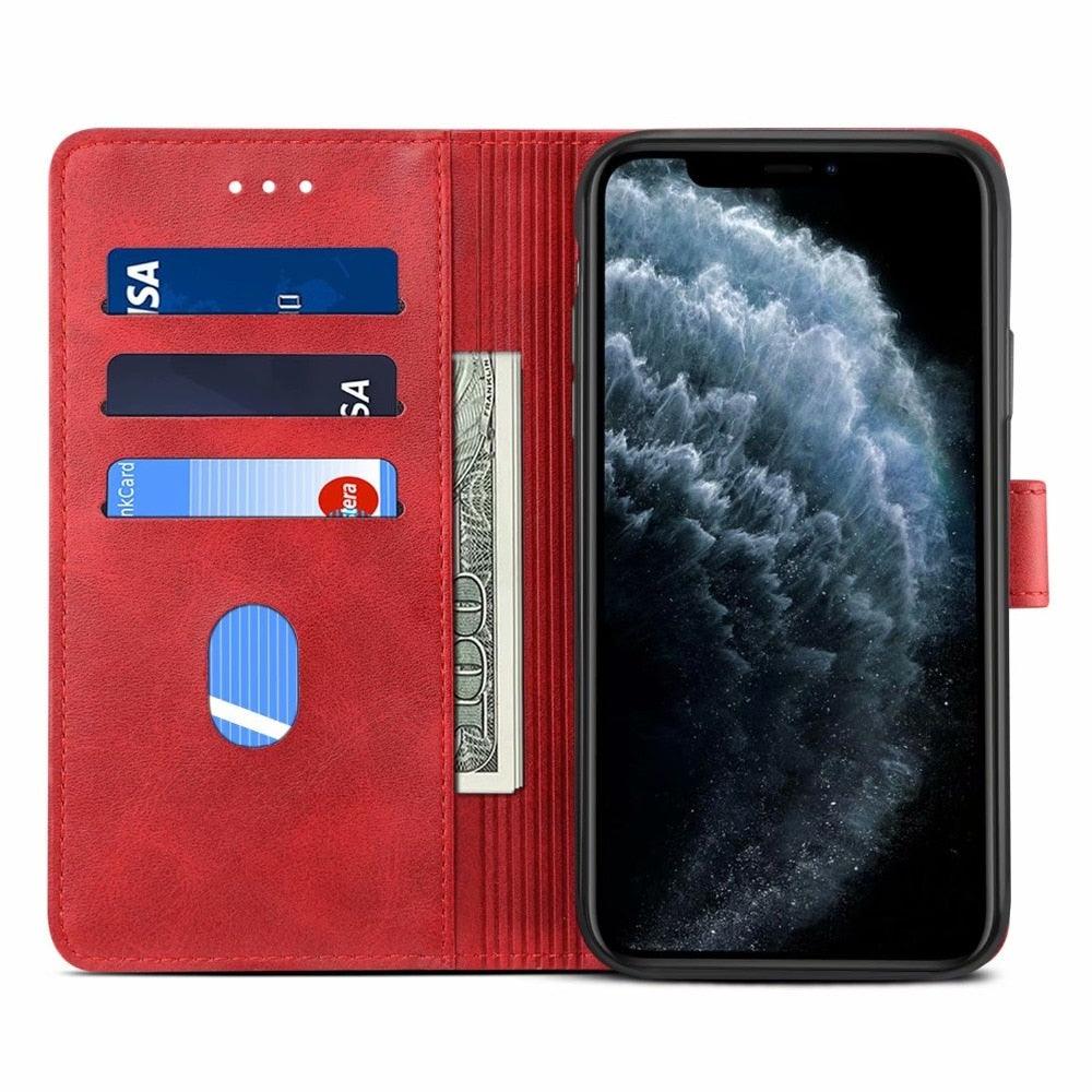 Étui à Rabat Magnétique en Cuir Rouge de Luxe pour iPhone 14 12 13 11 11 Pro Max XR XS Max X, Housse Portefeuille pour iPhone avec Emplacements pour Cartes, Béquille et Boucle Magnétique