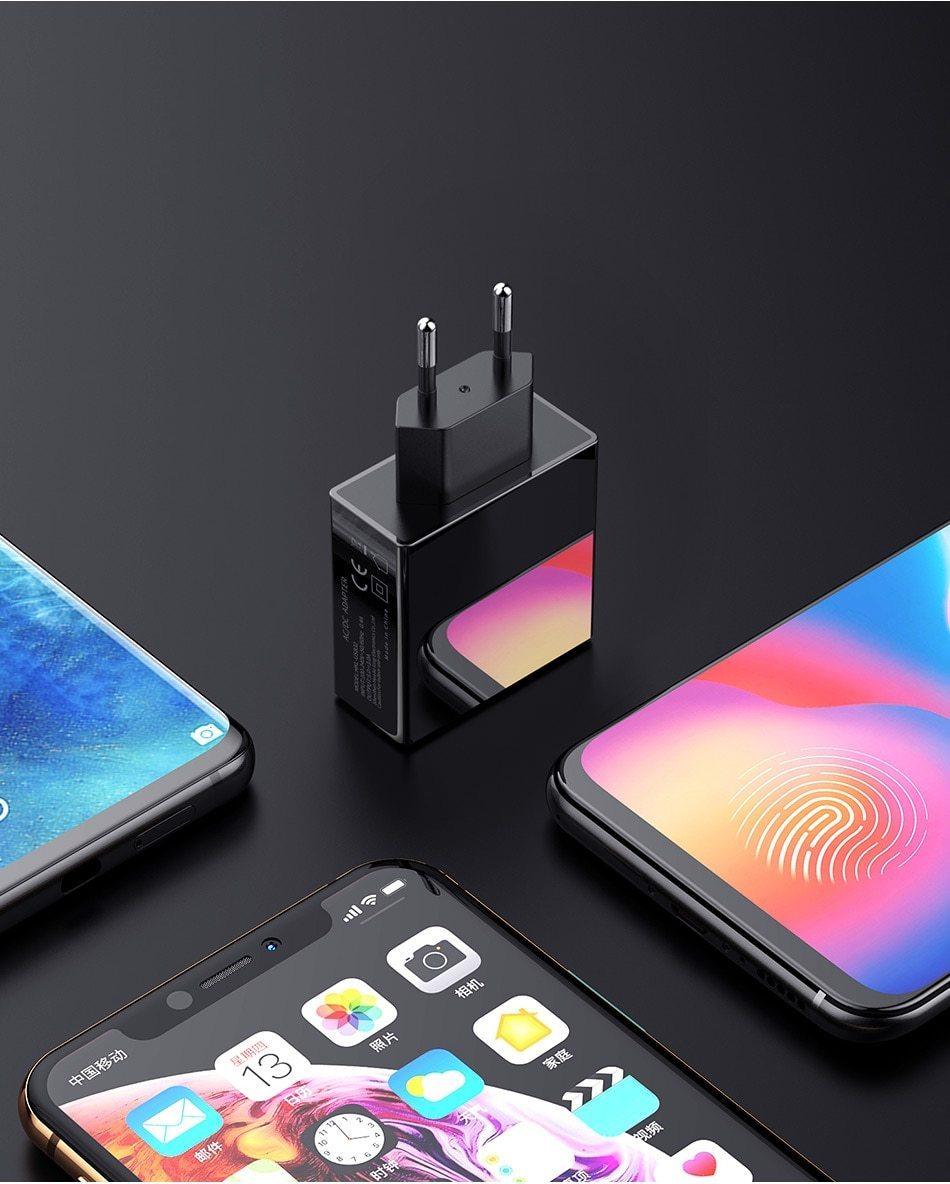 Chargeur de téléphone USB à 3 ports avec écran LED Prise UE Charge rapide intelligente de 3 A max au total Chargeur mural mobile pour smartphones