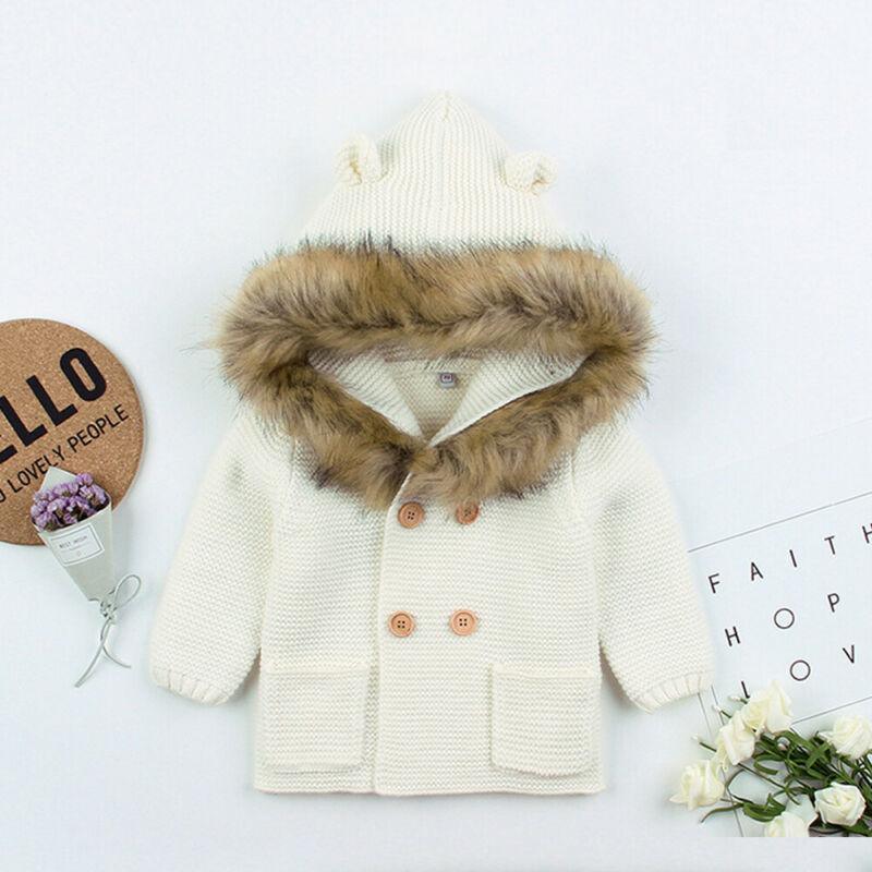 Manteau à capuche en tricot chaud d'hiver de luxe moderne pour nouveau-né garçon ou fille, avec col en fourrure pour garçons et filles