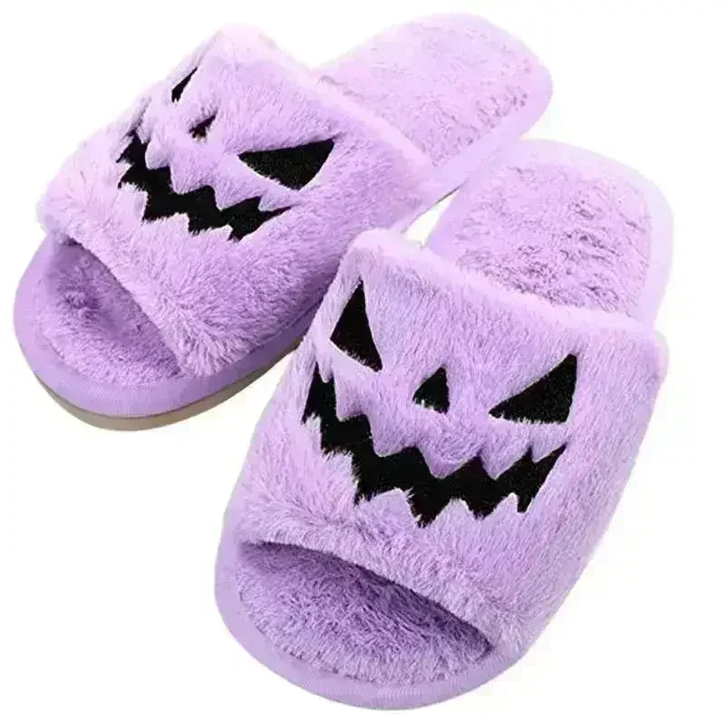 Pantoufles douces et moelleuses en forme de citrouille d'Halloween, confortables, à bout ouvert, pour femmes.