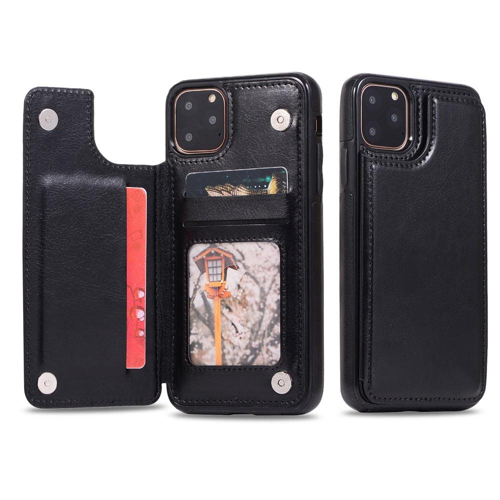 Étui en cuir de luxe pour iPhone 14 12 13 Mini 11 Pro XR XS Max 6 6s 7 8 Plus 5 5s, portefeuille, fente pour cartes de téléphone, étui à rabat en cuir PU avec béquille, fentes pour cartes, double fermoir magnétique, étui antichoc durable pour iPhone