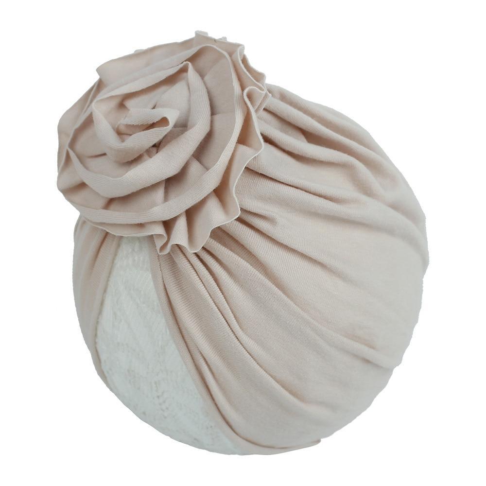 Turban pour bébé fille en coton tricoté, fait main avec fleur plissée, style élégant