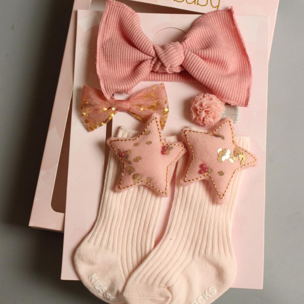 4 paires/lot de chaussettes antidérapantes pour bébé fille + bandeau + épingle à cheveux