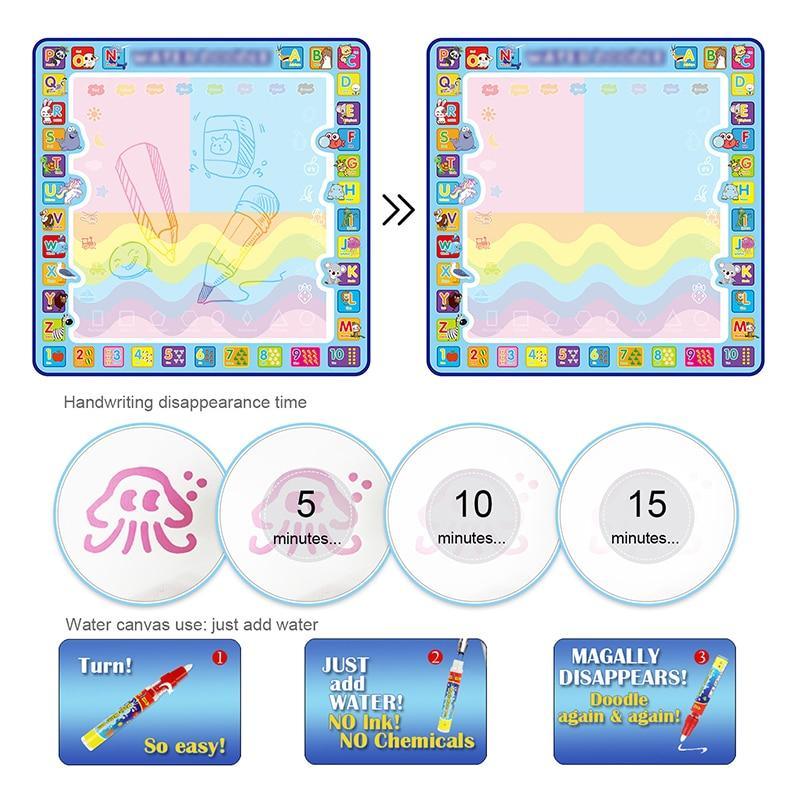 Coolplay Tapis de Dessin à l'Eau Magique 100x100cm Tapis Doodle avec 4 Stylos à Dessin et 1 Set de Tampons Tableau de Peinture Jouets Éducatifs pour Enfants