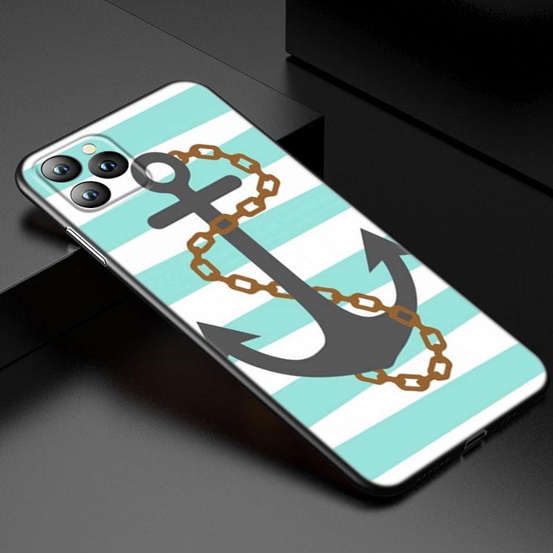Coque de téléphone à roue de bateau ancre pour iPhone 13 12 Mini 11 Pro XS Max XR X 8 7 6S 6 Plus 5S 5 SE 2020 Housse noire Coque arrière rigide d'ancre personnalisée