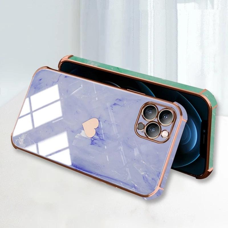 Étui Souple Antichoc de Luxe pour iPhone 13 12 11 Pro Max XS XR X R 8 7 Plus iPhone12 12Pro iPhone11 Housses Texture Marbre Étui de Téléphone de Luxe Motif Cœur Latéral Mignon Petit Étui Souple Antichoc de Protection Complète de l'Objectif pour iPhone