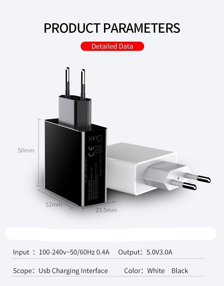 Chargeur de téléphone USB à 3 ports avec écran LED Prise UE Charge rapide intelligente de 3 A max au total Chargeur mural mobile pour smartphones