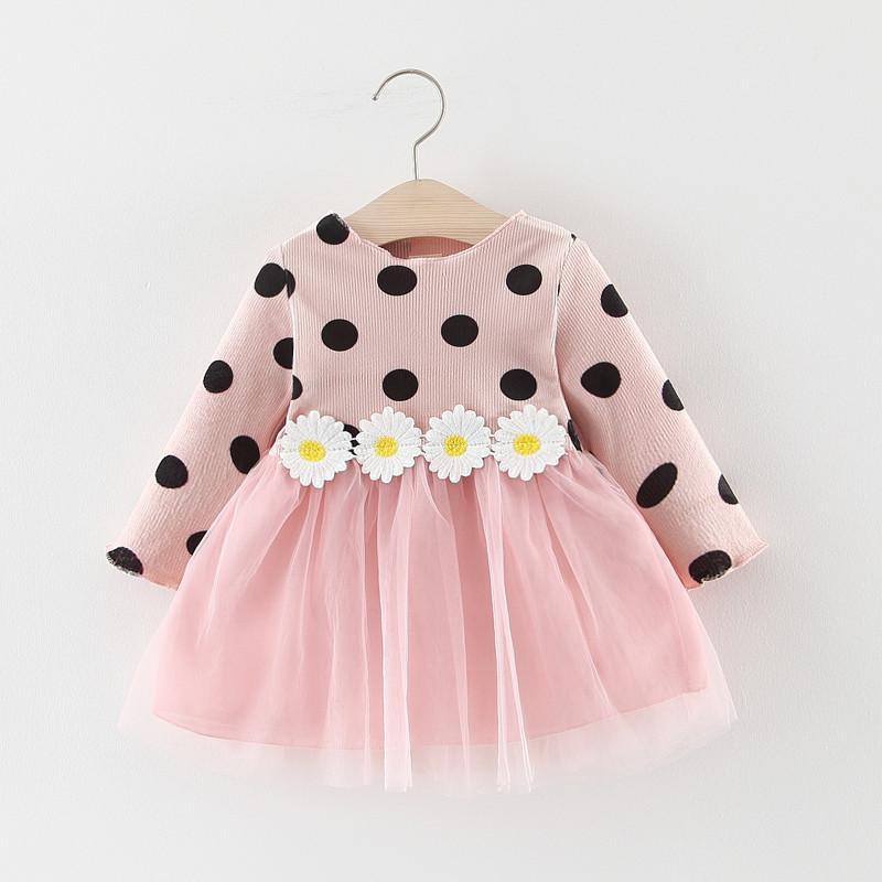 Robes de luxe à manches longues pour bébés, à pois et marguerites, vêtements de mode pour petites filles au design floral élégant pour petites princesses