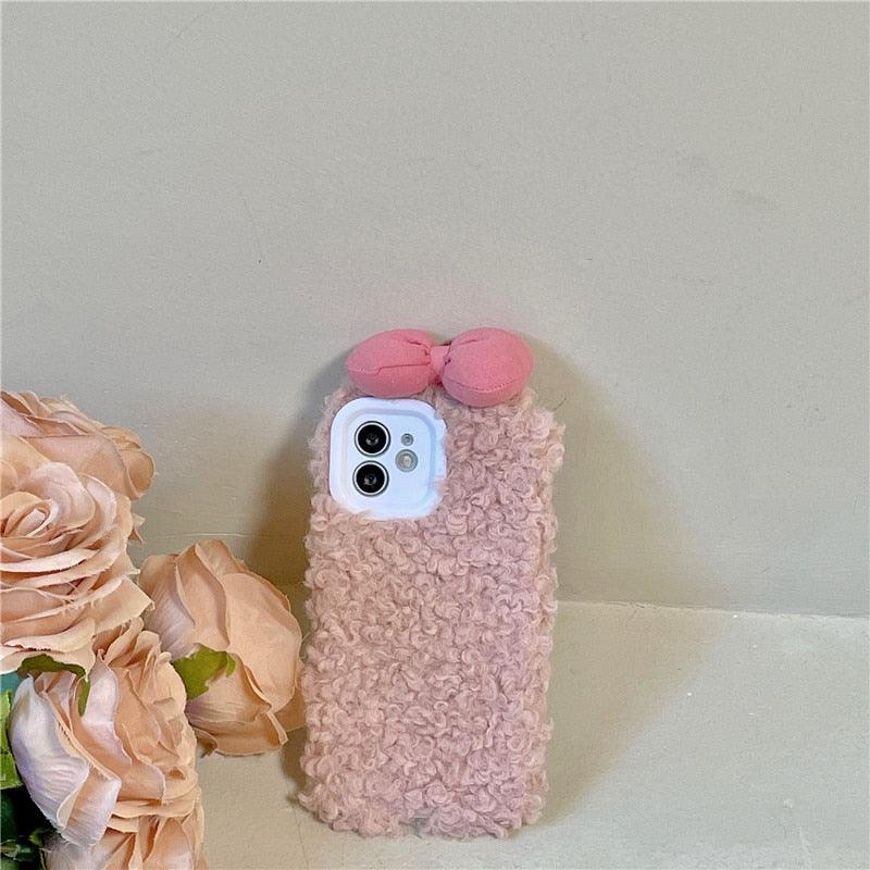 Étui Housse Douce et Chaude Pour Iphone 13 12 11 Pro Xs Max X Xr Coques Dessin Animé 3D Nœud Oreille Housse Douce et Chaude en Fourrure Pour Iphone 7plus 8plus 12pro Étui Téléphone