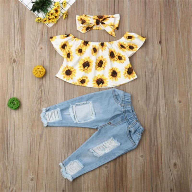Ensemble 3 Pièces Bébé Mignon Haut Tournesol Pantalon Mode Tenue Décontractée