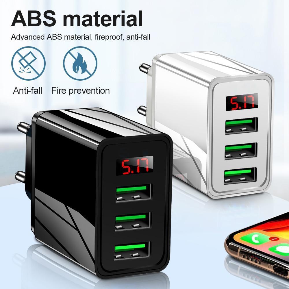Chargeur Mural USB Portable Charge Rapide 3.0 avec Écran LED et 3 Ports USB 3A - Adaptateur Charge Rapide pour Téléphone Portable Noir et Blanc Moderne