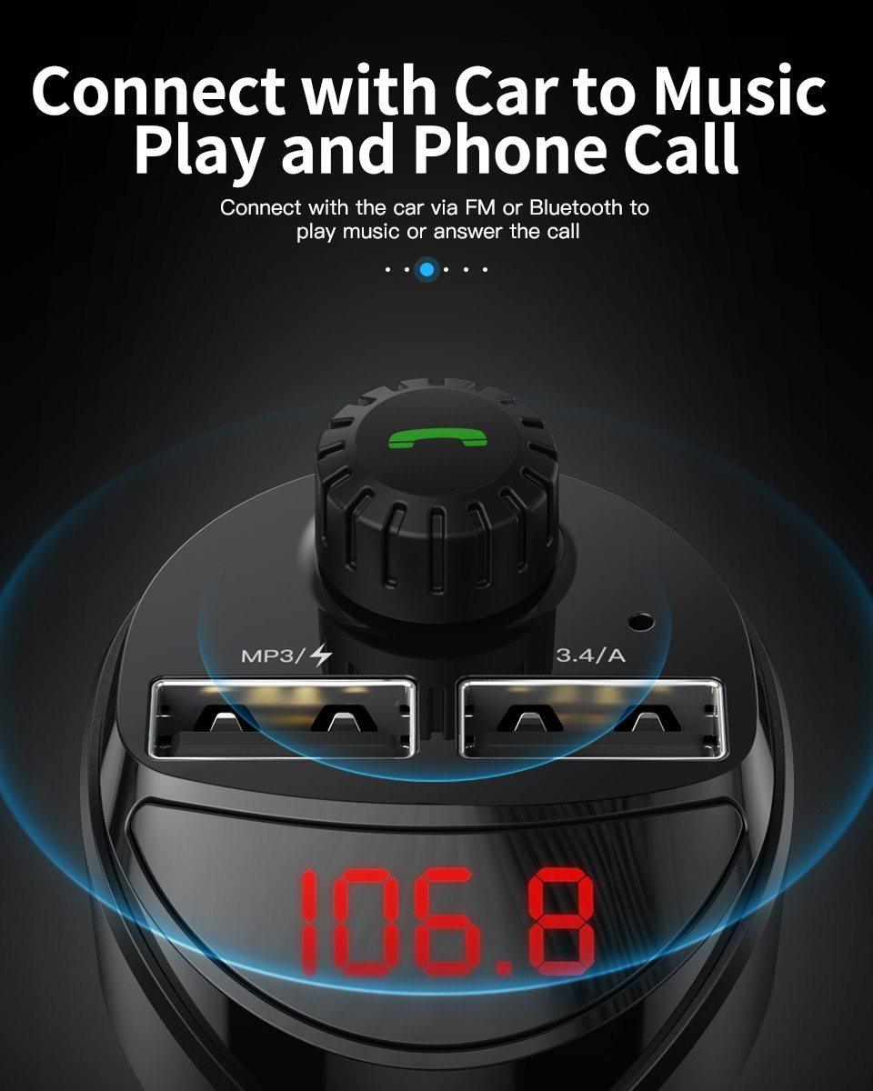 Chargeur de voiture noir Transmetteur FM Bluetooth Lecteur MP3 Audio de voiture Kit voiture carte TF Chargeur de téléphone de voiture double USB 3,4 A