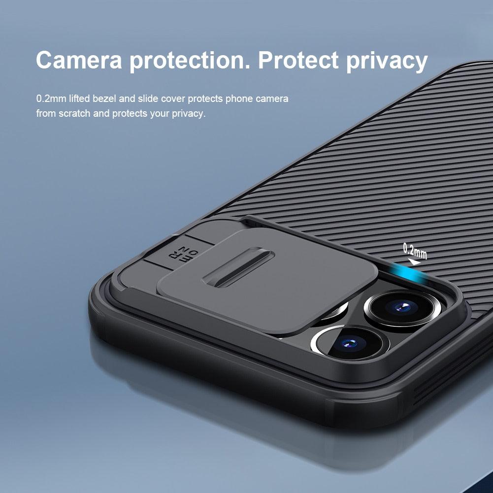 Coque arrière rigide absorbant les chocs pour iPhone 13 Pro Max - Étui appareil photo coulissant noir élégant pour iPhone 13 Mini 13 Pro Max