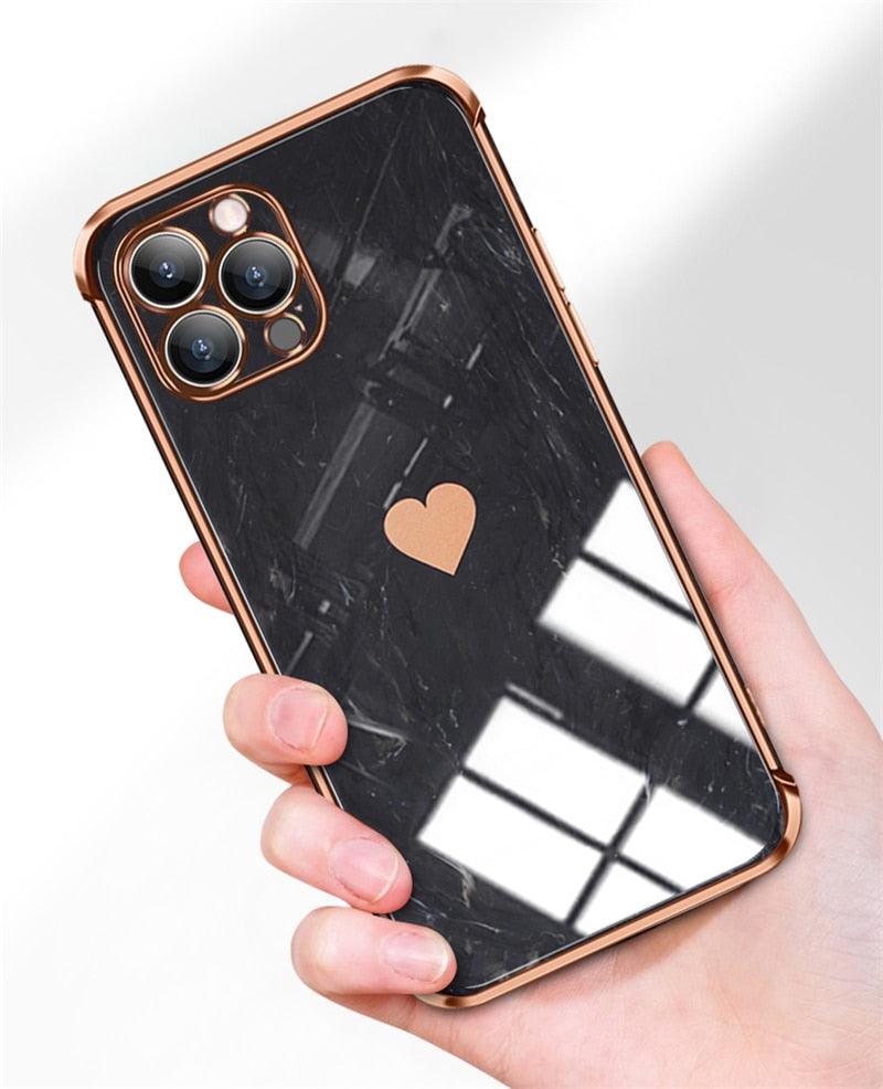 Étui Souple Antichoc de Luxe pour iPhone 13 12 11 Pro Max XS XR X R 8 7 Plus iPhone12 12Pro iPhone11 Housses Texture Marbre Étui de Téléphone de Luxe Motif Cœur Latéral Mignon Petit Étui Souple Antichoc de Protection Complète de l'Objectif pour iPhone