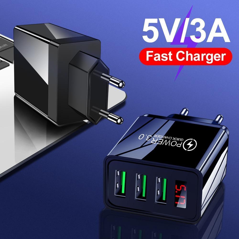 Chargeur Mural USB Portable Charge Rapide 3.0 avec Écran LED et 3 Ports USB 3A - Adaptateur Charge Rapide pour Téléphone Portable Noir et Blanc Moderne