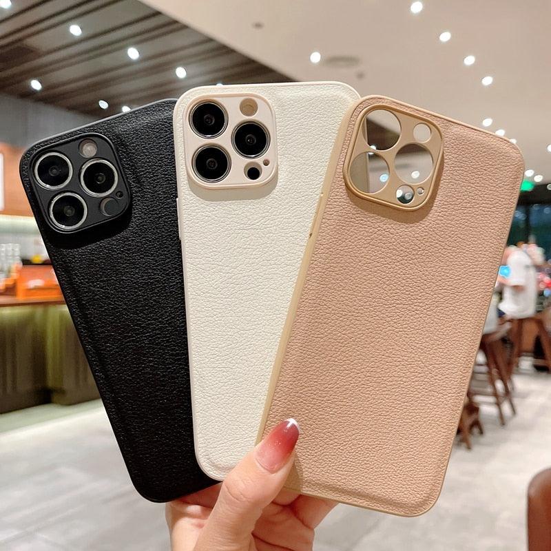 Étui en cuir mince et tendance avec protection intégrale, étui texturé en cuir de luxe pour iPhone 11 12 13, coque souple antichoc, étui en cuir compatible avec iPhone 12 13 Pro Max, étui de téléphone élégant