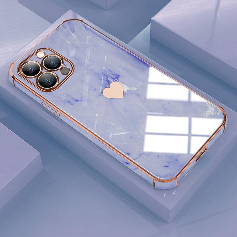 Étui Souple Antichoc de Luxe pour iPhone 13 12 11 Pro Max XS XR X R 8 7 Plus iPhone12 12Pro iPhone11 Housses Texture Marbre Étui de Téléphone de Luxe Motif Cœur Latéral Mignon Petit Étui Souple Antichoc de Protection Complète de l'Objectif pour iPhone