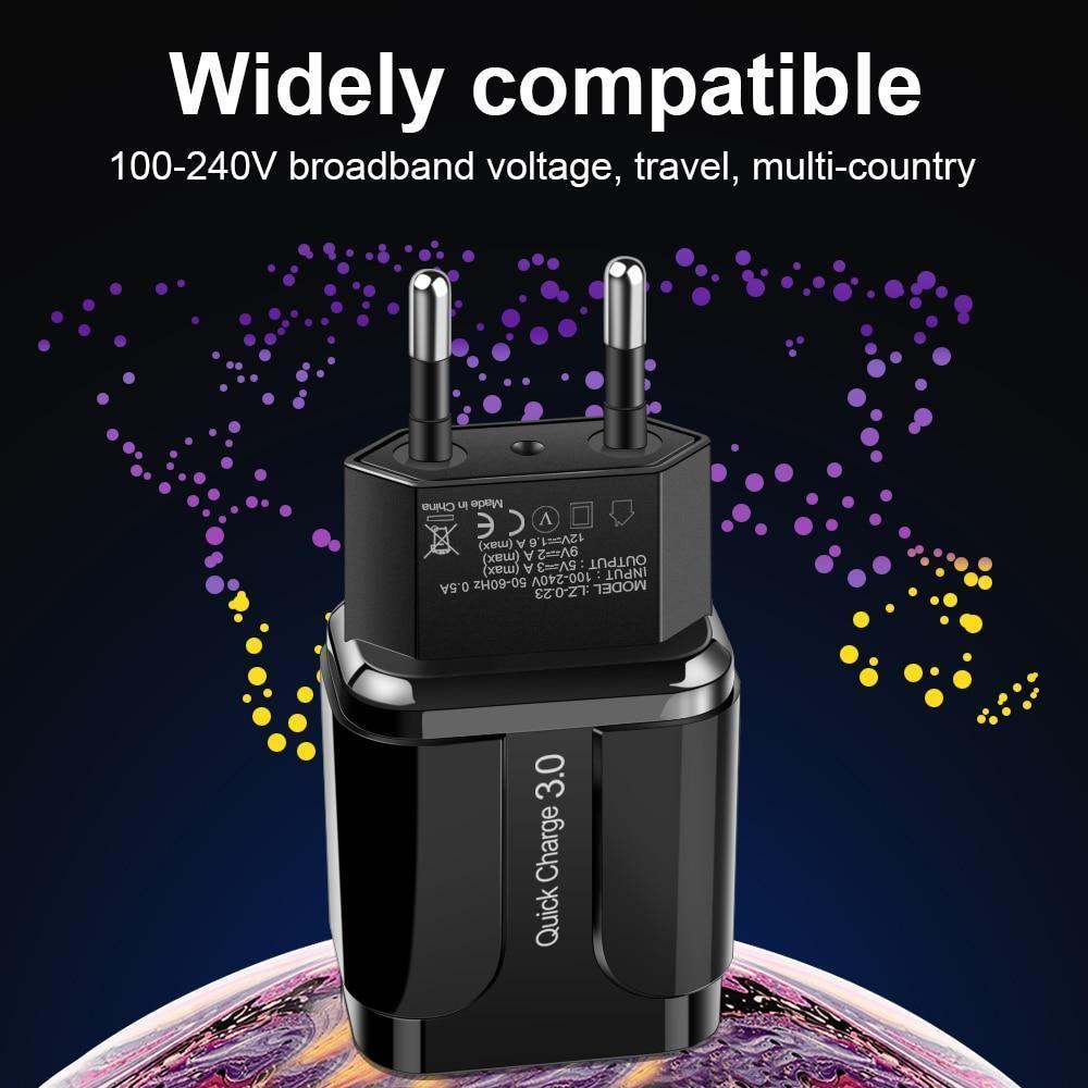 Chargeur USB 3A noir Quick Charge 3.0 Adaptateur secteur mural UE pour téléphone portable Charge rapide QC3.0